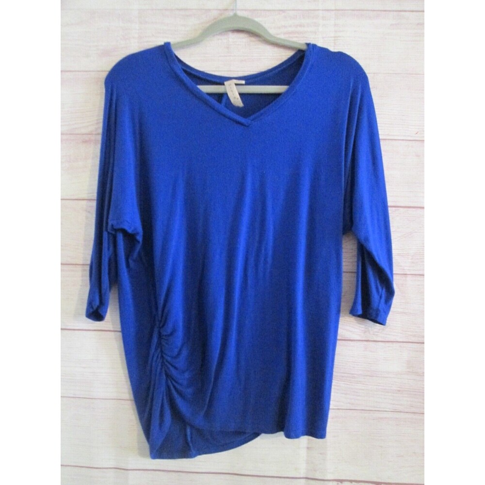 Misia Blouse Womens Medium Solid Blue 3/4 Sleeve V-Neck Pullover Solid Top